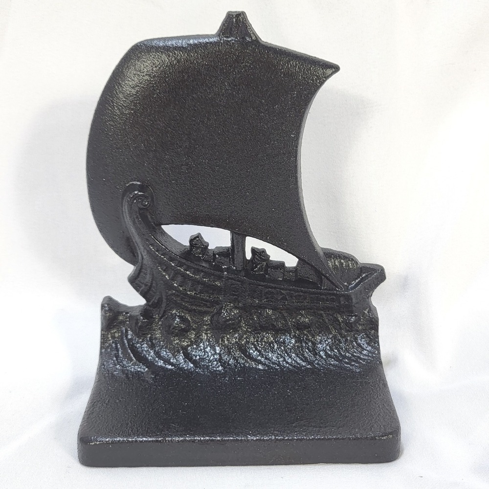 Viking Longship Cast Iron Bookend Nautical Sailing Boat Black Metal Decor